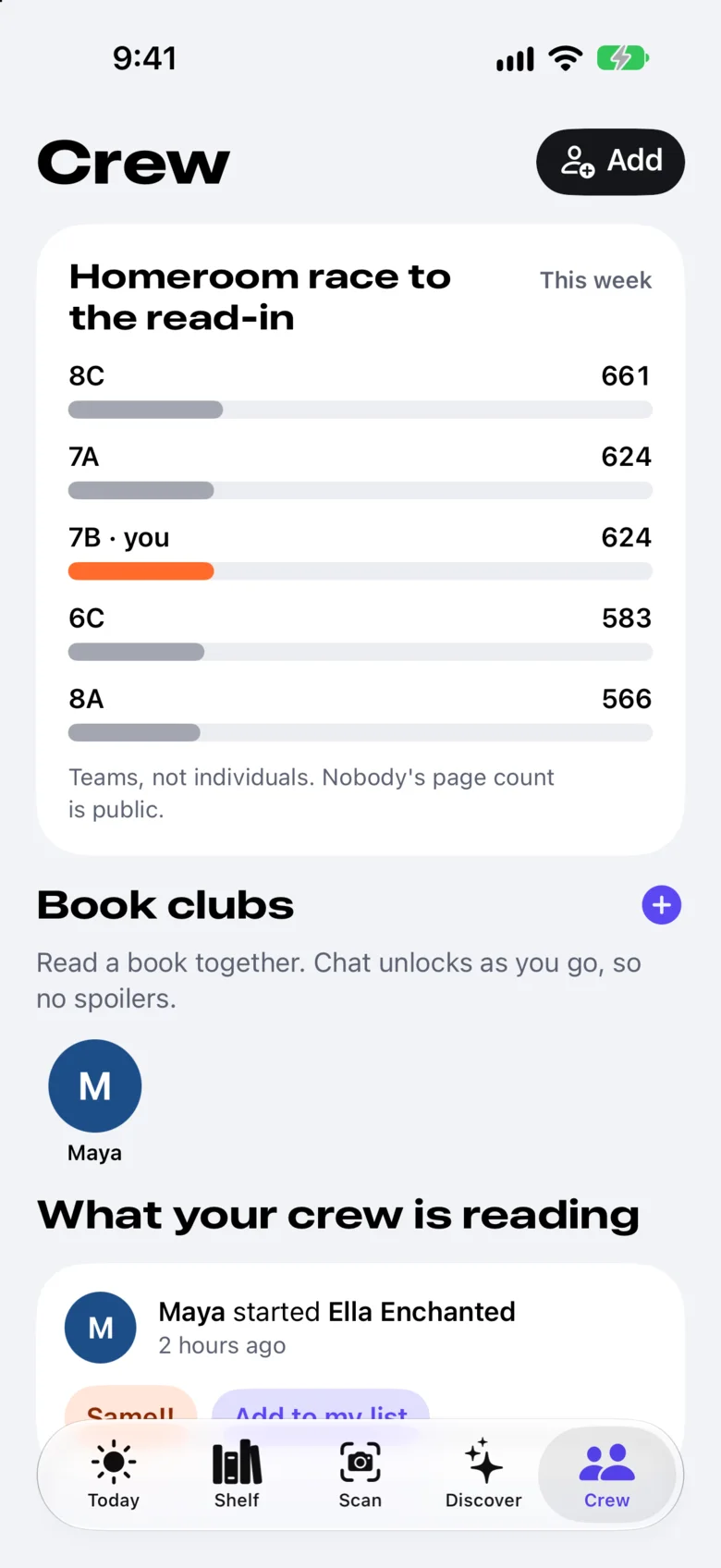 The Crew tab: a homeroom race to the read-in, with totals per homeroom