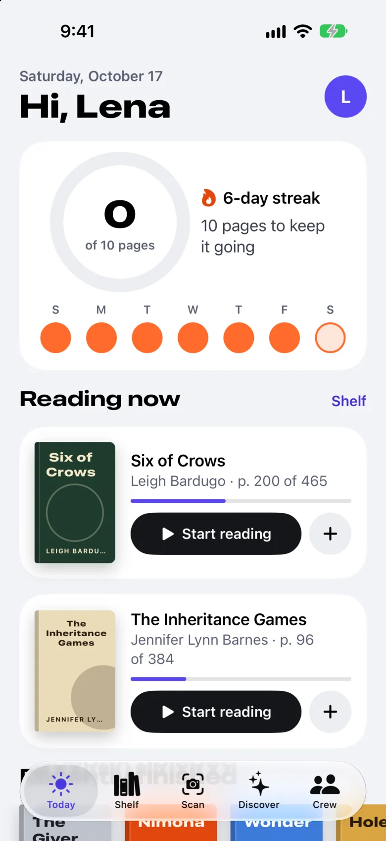The Today screen with a streak, a daily goal and books in progress